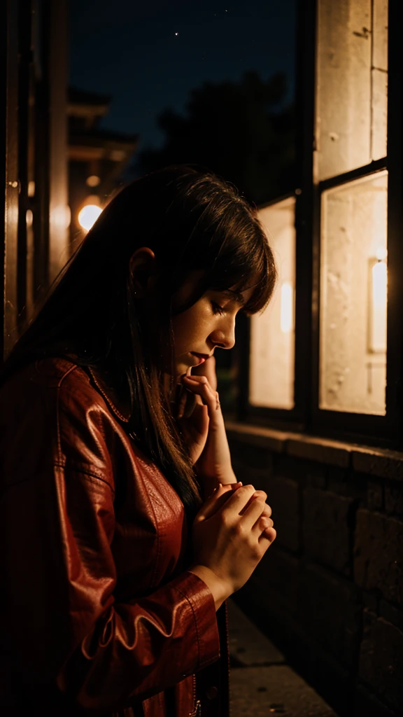 Woman praying aside, at night