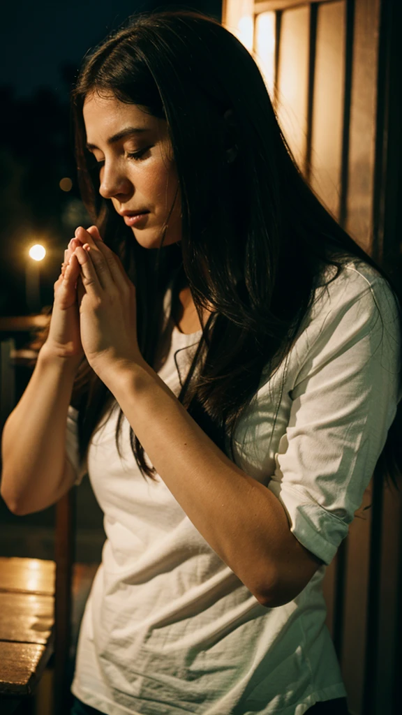 Woman praying aside, at night