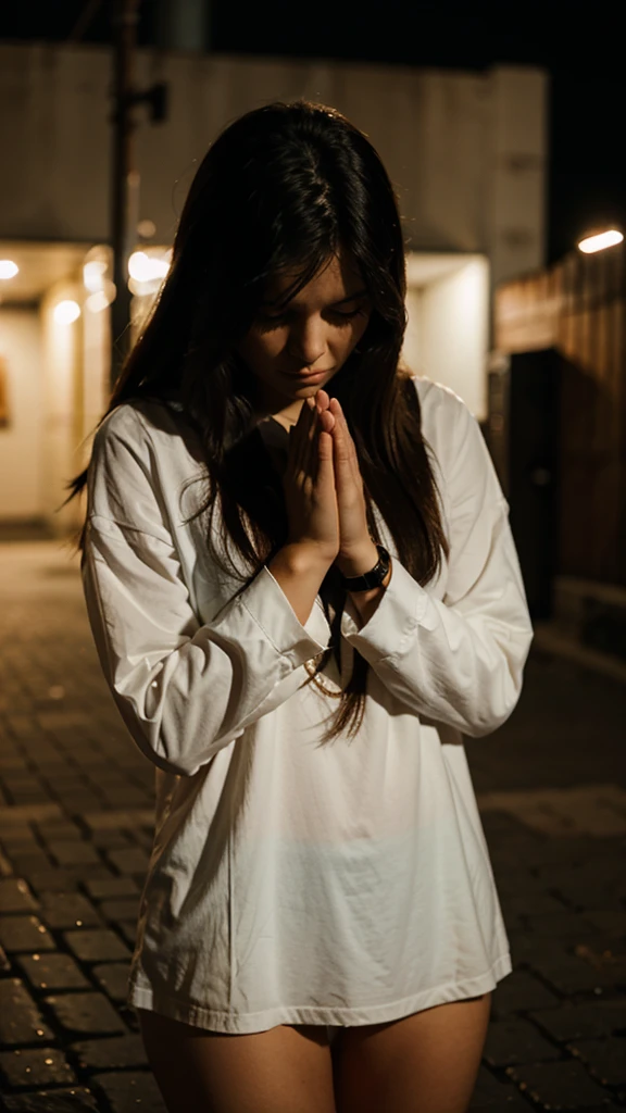 Woman praying aside, at night
