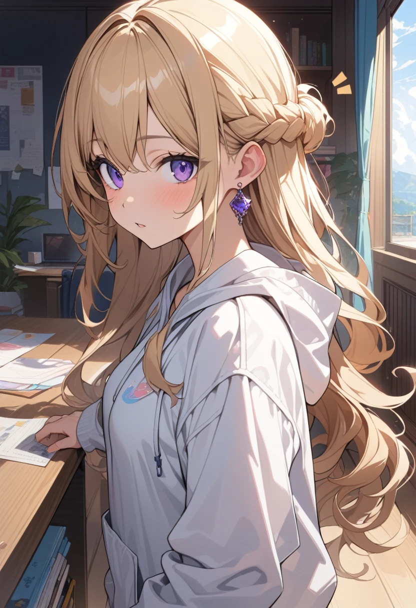 masterpiece, best quality, extremely detailed, ultra detailed, flat anime, 2D,
1girl, (young adult:1.2),blonde hair, (semi-long hair:1.2), curly hair, french braid, medium breasts, purple eyes, tsurime, height 1.7meters, 
white hooded sweatshirt, jeans,  earring,bracelet, long sleeves,socks,
Notice what's on the desk,
upper body, portrait, from side,
summer, livingroom, 12AM., standing