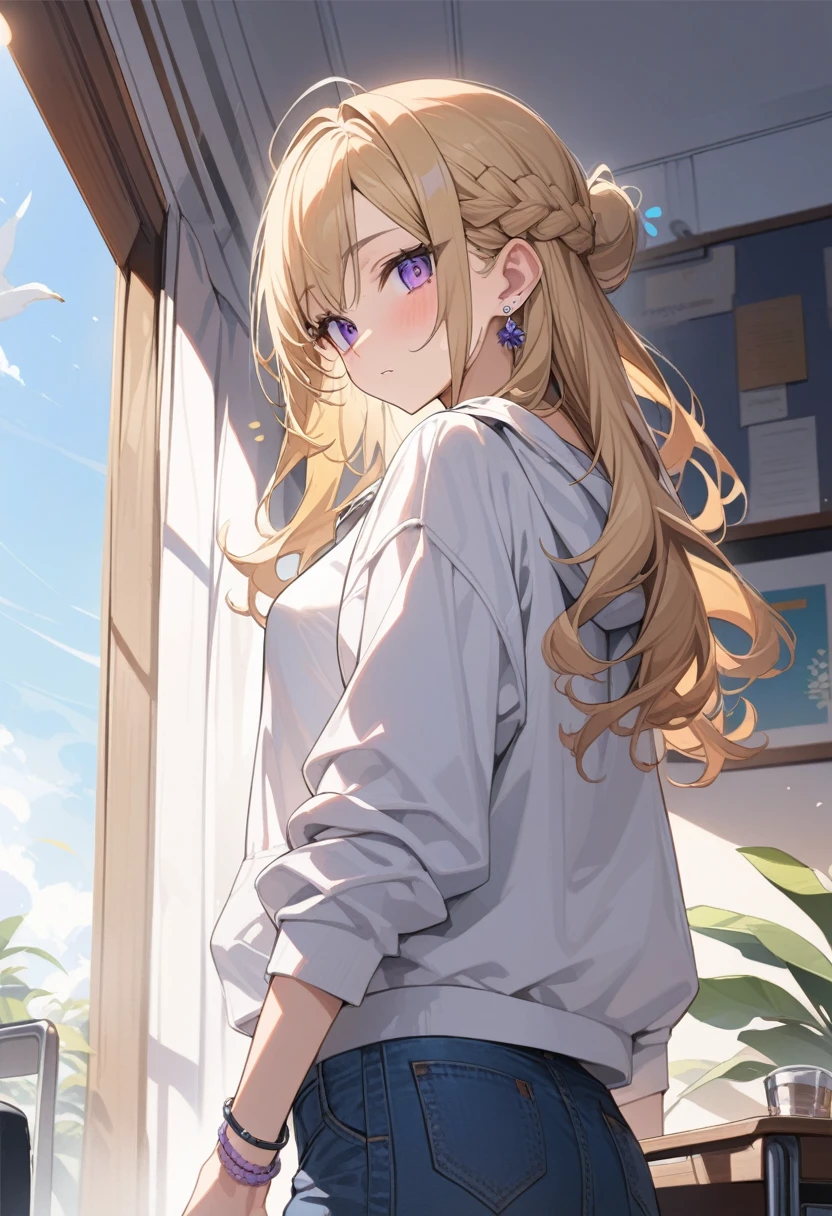 masterpiece, best quality, extremely detailed, ultra detailed, flat anime, 2D,
1girl, (young adult:1.2),blonde hair, (semi-long hair:1.2), curly hair, french braid, medium breasts, purple eyes, tsurime, height 1.7meters, 
white hooded sweatshirt, jeans,  earring,bracelet, long sleeves,socks,
Notice what's on the desk,
upper body, portrait, from side,
summer, livingroom, 12AM., standing