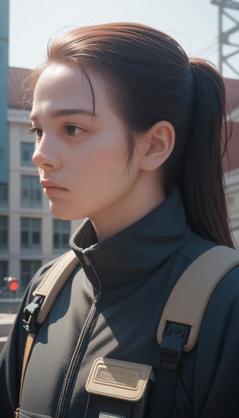score_9_up, score_8_up, score_7_up, score_6_up,Solitary, Solitary focus, A masterpiece,A close-up portrait of a woman in tactical gear against a Tatooine building, Light, Caustics, Mechanical Parts, wiring, , metal chin