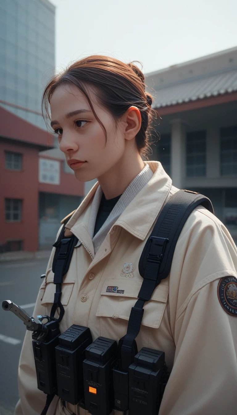 score_9_up, score_8_up, score_7_up, score_6_up,Solitary, Solitary focus, A masterpiece,A close-up portrait of a woman in tactical gear against a Tatooine building, Light, Caustics, Mechanical Parts, wiring, , metal chin