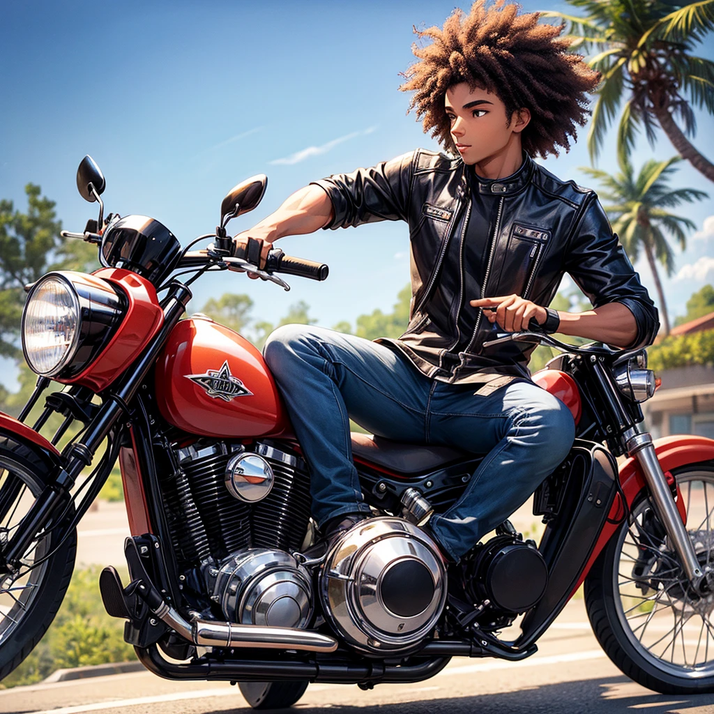 Side progile of a young man with afro hair riding motor cycle.