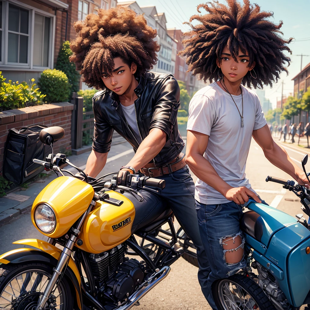 Side progile of a young man with afro hair riding motor cycle.