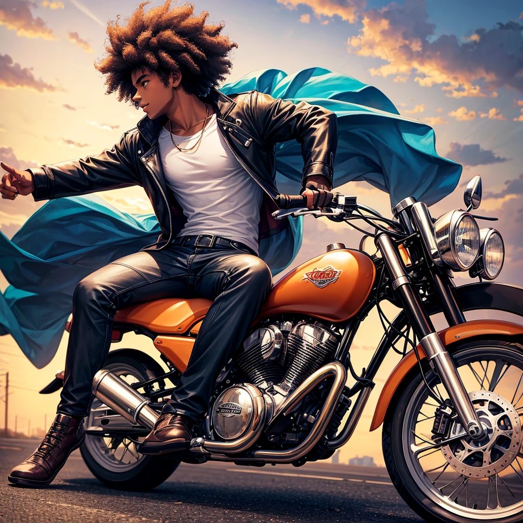Side progile of a young man with afro hair riding motor cycle. 