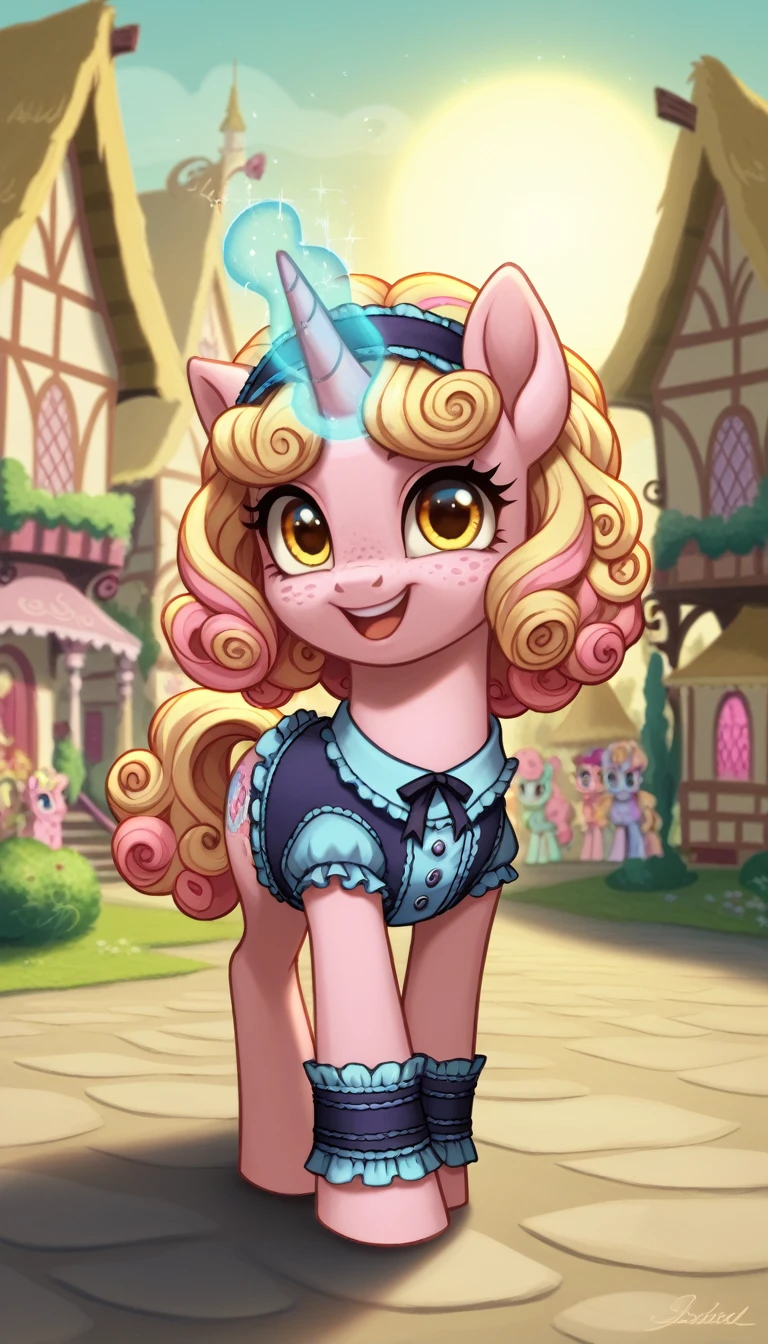 score_9,score_8_up,score_7_up,score_6_up, filly female, unicorn, pastel pink fur, curly blonde hair, pastel blue dye streaks, freckles, Golden eyes, head band, lolita blouse top, cute pastel Lolita fashion, glowing backlight, fashion show, ponyville scene, glitter, whimsical, enchanted, magical, fantasy art concept, intricate details, happy smile, glowing horn, 
