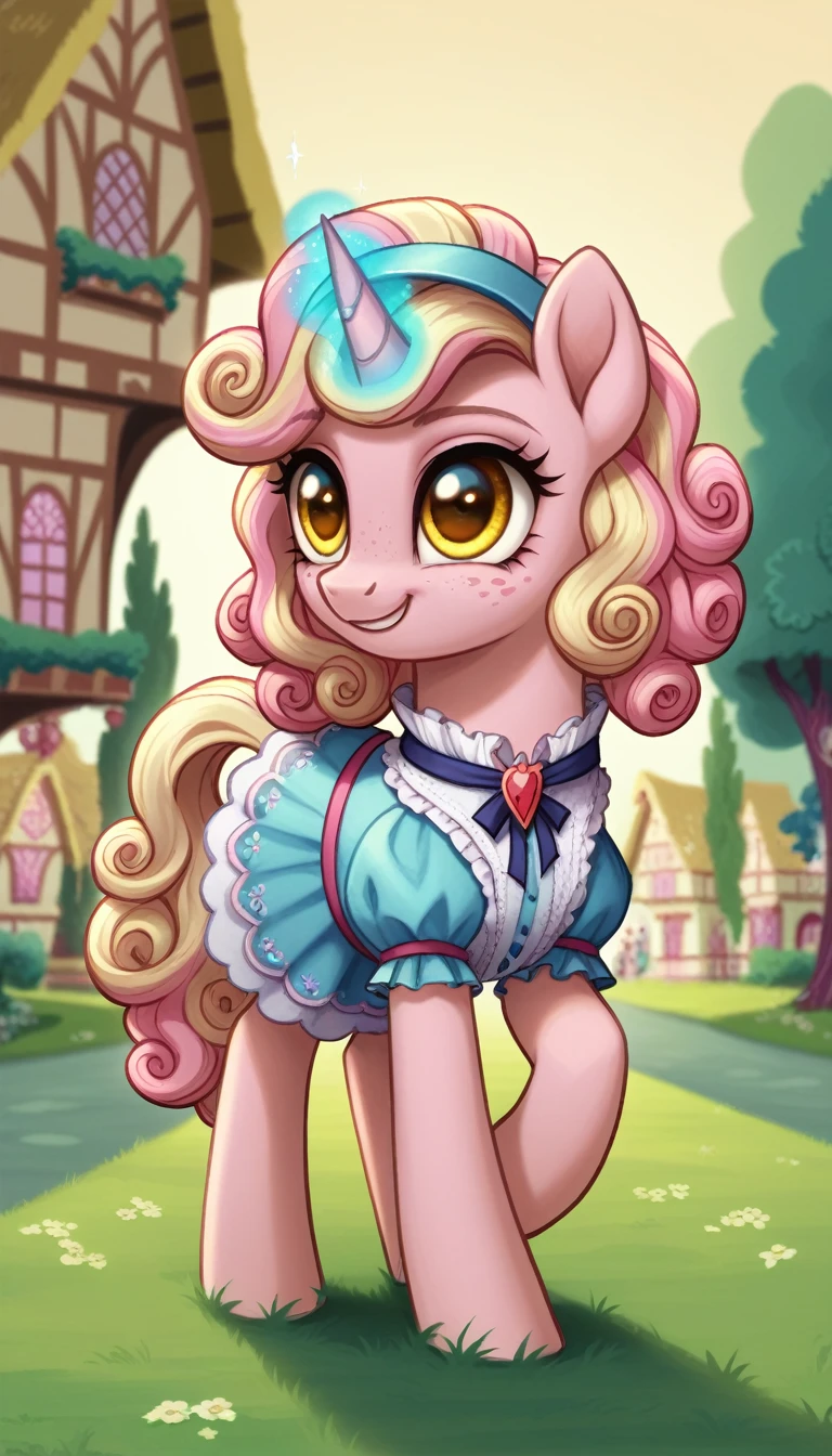 score_9,score_8_up,score_7_up,score_6_up, filly female, unicorn, pastel pink fur, curly blonde hair, pastel blue dye streaks, freckles, Golden eyes, head band, ta blouse top, cute pastel Loliashion, glowing backlight, fashion show, ponyville scene, glitter, whimsical, enchanted, magical, fantasy art concept, intricate details, happy smile, glowing horn,