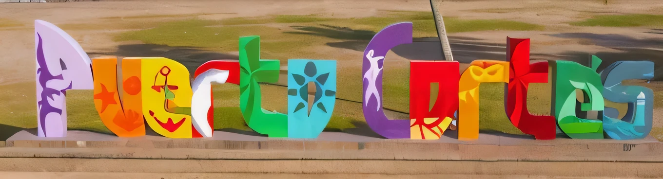 Brightly colored letters spelling the word goodbye are displayed in front of a park, public art, symbolic mural, still photo, representing the 4 seasons, A clay art, primer plano local, Colorful signs, environmental art work, colorful artwork, cut scene, Outdoor art installation, Tecnicolor 1, 'luca', Medium close-up, poster photo, still video