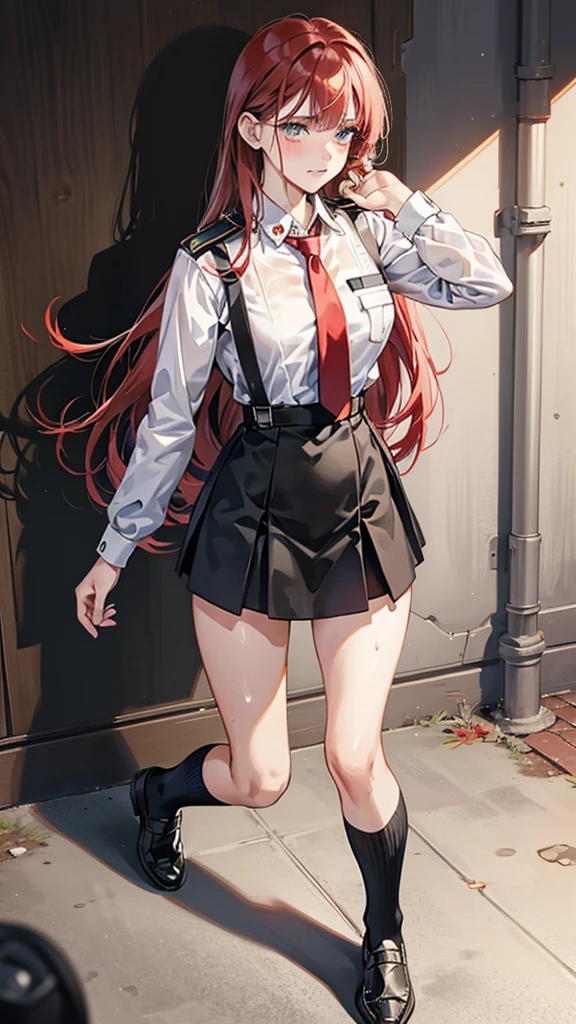 {{masterpiece}}, {{{Highest quality}}},{{Very detailed}}, {{figure}},{{tall}},{{Adult female}},,{{Fighting stance}},{},{{Long sleeve mini skirt uniform}},{on one knee{}},}}{}},{fighting stance}},{},{}, ,{{}},{{Eyelet foot}},,{{blushing with anger}},{{}},,{{}},{{}},,Slender body}}{{Avoidance}}{{Female police officer}},,,,suspenders ,Long sleeve mini skirt uniform, White High Socks,Black fingerless gloves, Long Red Hair, Red tie,Straight hair ,Blunt bangs,Thigh holster,.amountn loafer,,blush,Wrinkles ,amount,Grit your teeth,suffering,v-shaped eyebrows.,Sweat dripping,Medium chest ,get annoyed,,Slums,,Twisting,