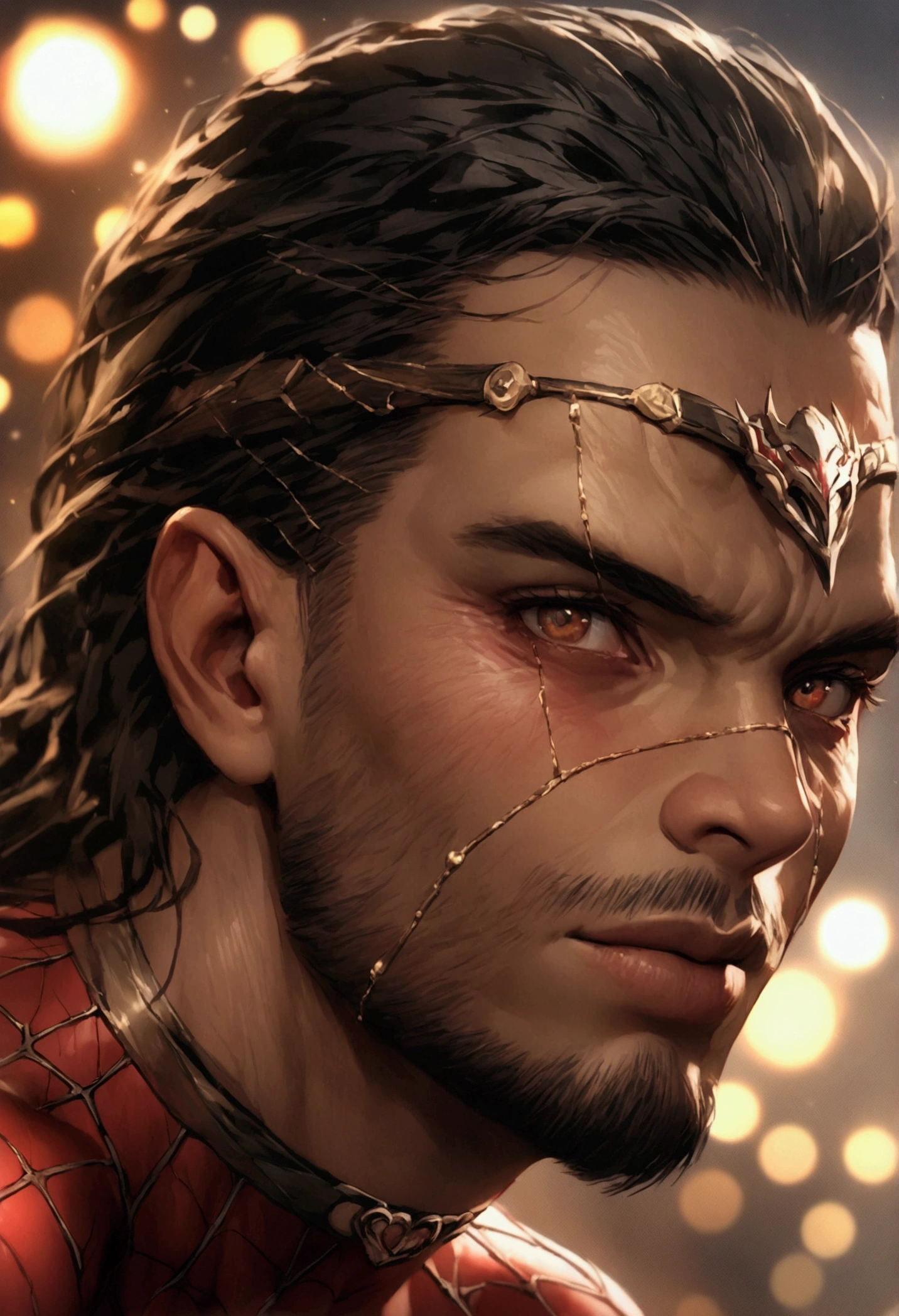Spiderman costume from Saint Seiya Weairing，full body like，fighting，close up，of a real，Facial features are carefully rendered.，realistic skin texture，dark style，Depth of fields，Stand out，true light，ray tracing，OC rendering，Hyper realistic，The best quality，8k，Works of masters，super-fine，Detailed pubic hair，correct anatomy，sharp focus on eyes，bokeh，Facial features are carefully rendered.