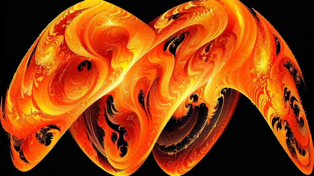 a close up of a gold fire wave on a black background, flame fractal, fractal, lame vortex, swirls of fire, fractal flame, arcs of fiery neon light, particle waves, fractal fire background, fractal flame. highly_detailded, energy waves, apophysis, fractal waves, fractal wave interference, swirling flows of energy, glowing lines
