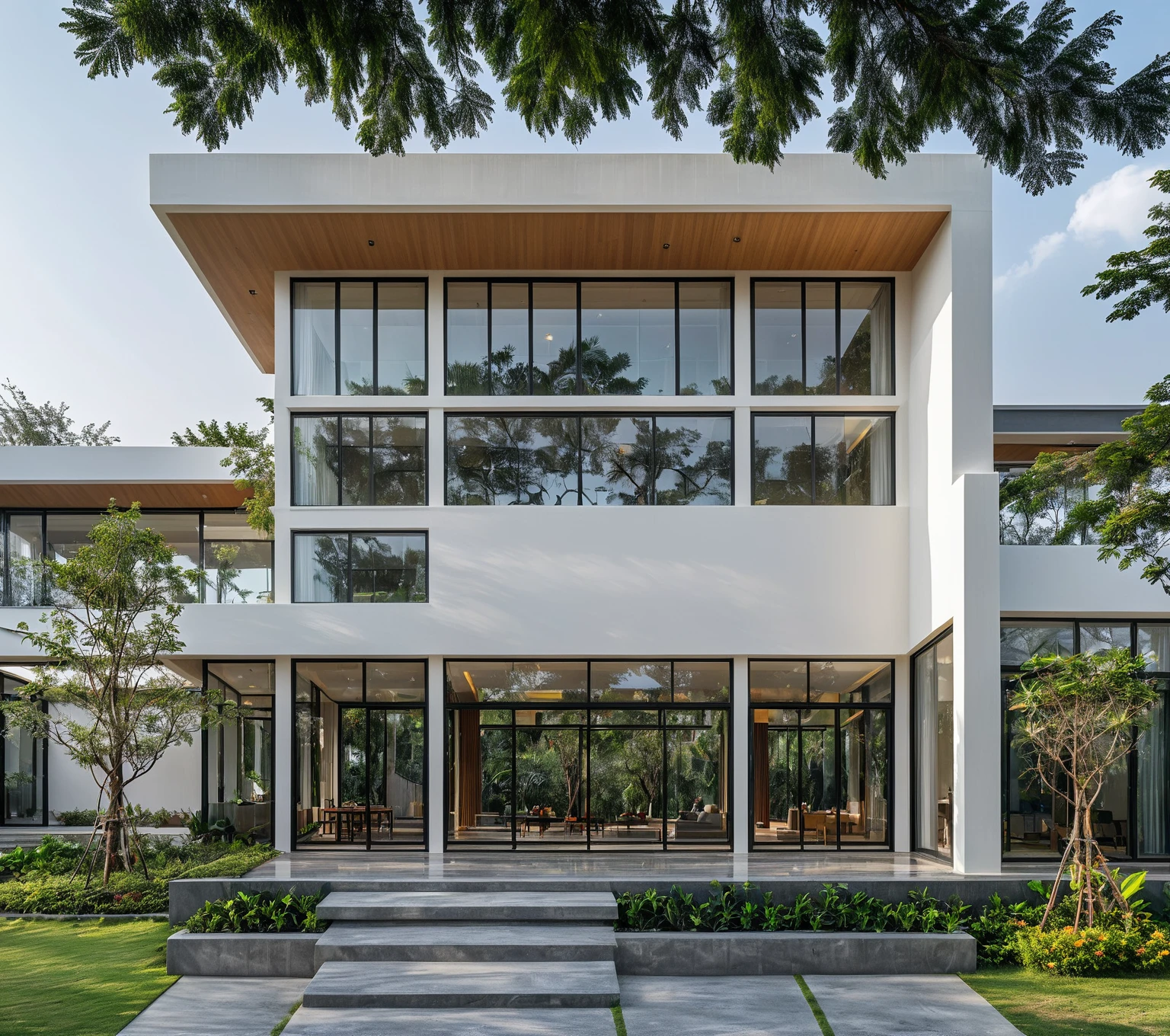 RAW photo, a photo of a modern house, (curvilinear archrchitecture:1.4), Wabisabi style rounded wall, white wall, steel black gate, sidewalk, sidewalk trees, ((grey gate:1.2)), road, viet nam modern residence, ((architectural shot)), rough white wall, new residential area, wide angle exterior 2022, contemporary house, exterior photography, masterpiece, contemporary architecture, overcast, indirect lighting