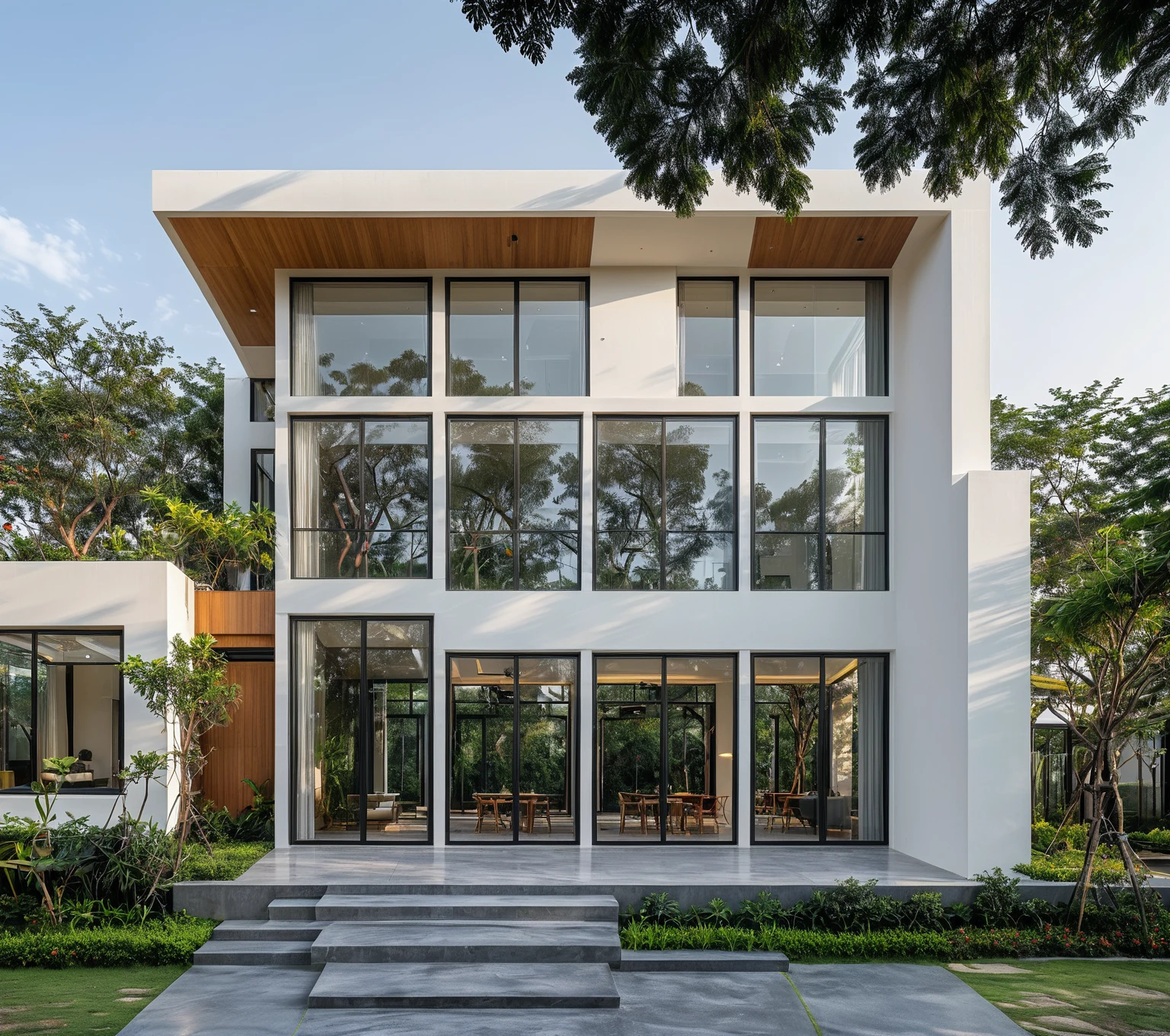 RAW photo, a photo of a modern house, (curvilinear archrchitecture:1.4), Wabisabi style rounded wall, white wall, steel black gate, sidewalk, sidewalk trees, ((grey gate:1.2)), road, viet nam modern residence, ((architectural shot)), rough white wall, new residential area, wide angle exterior 2022, contemporary house, exterior photography, masterpiece, contemporary architecture, overcast, indirect lighting