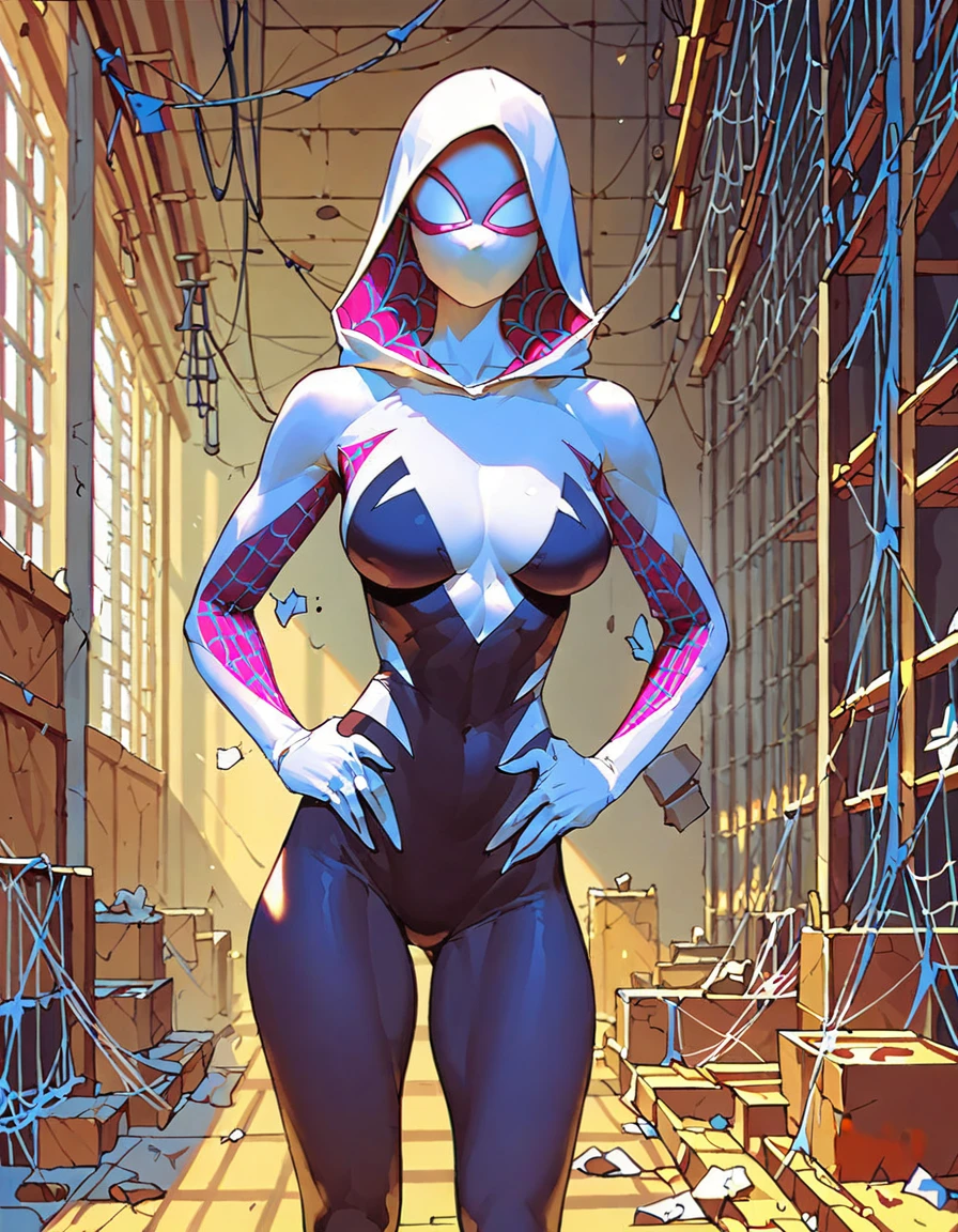 Masterpiece , best quality , Masterpiece , best quality , Spider Gwen , 1 woman, mask , abdomen , big breasts , Put your hands on your hips.. , abandoned factory ,