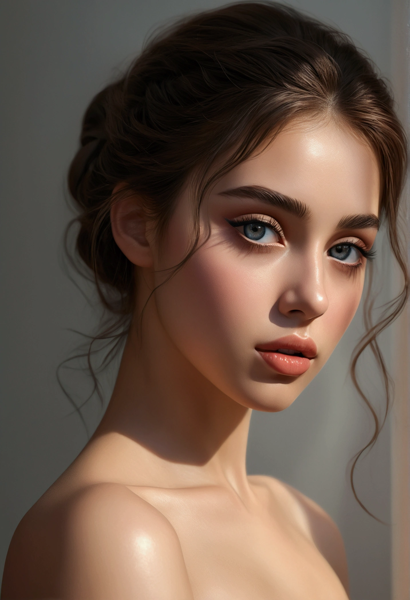 A girl from behind, beautiful detailed eyes, beautiful detailed lips, extremely detailed eyes and face, long eyelashes, elegant pose, graceful figure, soft skin, glowing skin, detailed musculature, (best quality,4k,8k,highres,masterpiece:1.2),ultra-detailed,(realistic,photorealistic,photo-realistic:1.37),oil painting, intricate details, warm lighting, glowing highlights, dramatic shadows, muted color palette, atmospheric, cinematic, emotional, dreamlike