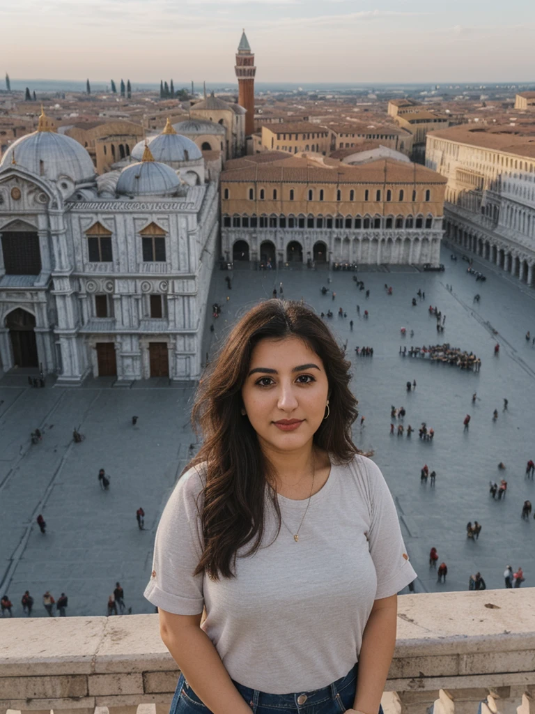Caseyli, 1girl, solo, 30 years old, (((Georgian face))), (((Georgian nose))), (((Georgian lips))), ((((chubby)))), (((wide hips))), (((dark blonde hair))), wavy medium hair, wearing stylish Generation Z modern wear, ((Background: overlooking Piazza San Marco in Italy))