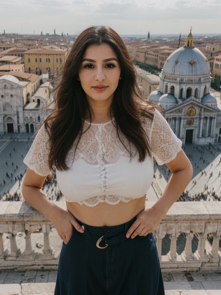 Caseyli, 1girl, solo, 30 years old, (((Georgian face))), (((Georgian nose))), (((Georgian lips))), ((((chubby)))), (((wide hips))), (((dark blonde hair))), wavy medium hair, wearing stylish Generation Z modern wear, ((Background: overlooking Piazza San Marco in Italy))