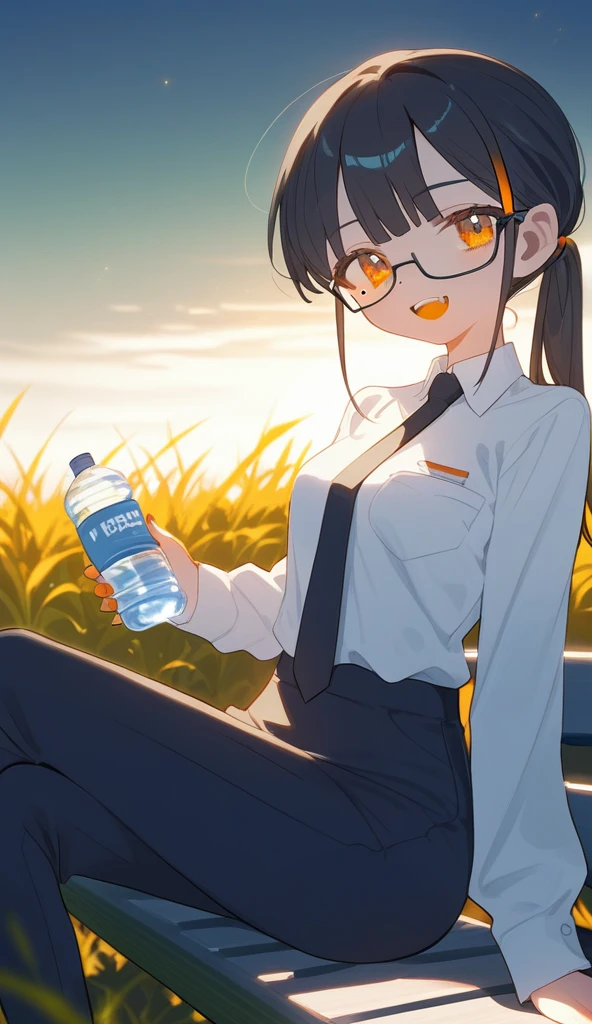 1girl,solo,core_9,score_8_up,score_7_up,older woman,orange lipstick,secretary outfit,siren glasses,mole,ponytail,orange and black hair,black hair,orange streaks,fangs,night,black bed,1woman,high quality,detailed,sitting on bench,sunlight,grass,holding water bottle,giving water bottle to viewer