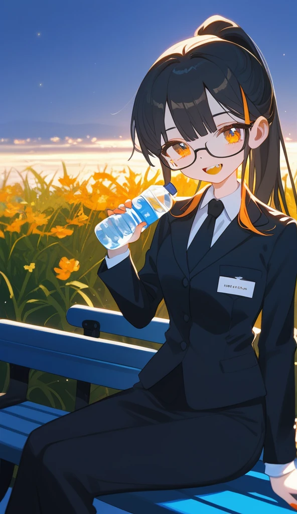 1girl,solo,core_9,score_8_up,score_7_up,older woman,orange lipstick,secretary outfit,siren glasses,mole,ponytail,orange and black hair,black hair,orange streaks,fangs,night,black bed,1woman,high quality,detailed,sitting on bench,sunlight,grass,holding water bottle,giving water bottle to viewer
