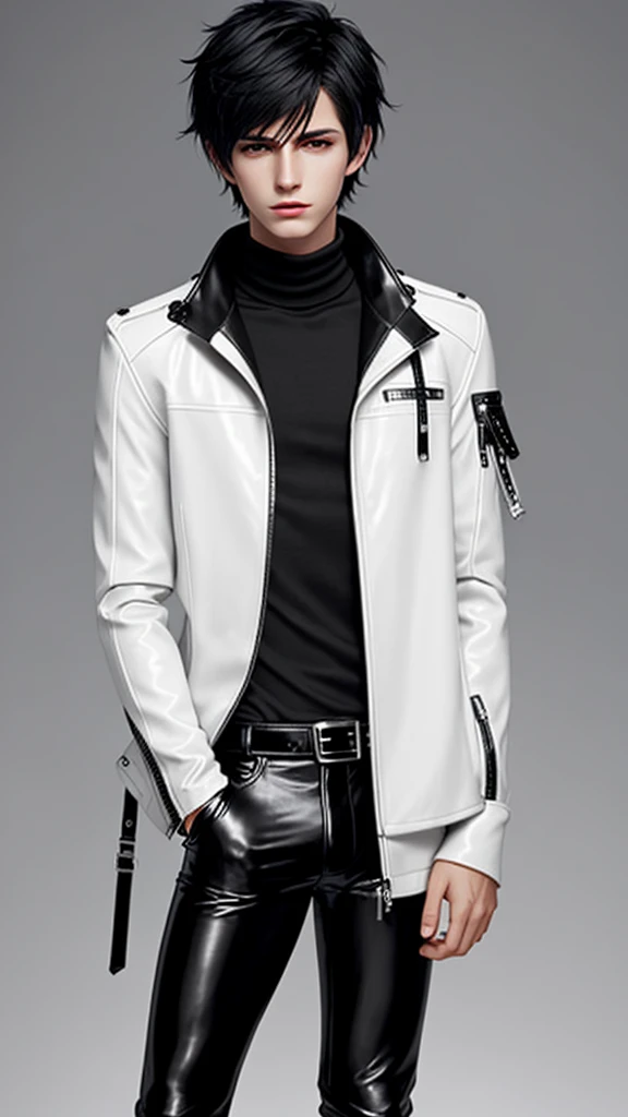 Final fantasy taste and reality graphics, Japanese young cute and cool ikemen boy, his age is early 20s, thin eyebrows and beady eyes, he wearing off white color leather thick material jacket, jacket is singlebrest, biker style jacket, with epaulet, jacket is long sleeve, must close the front of the leather jacket, , voluminous leather jacket, ,must jacket is high length and stand-up collar with two belts, jacket is a little black color line pattern,close the front of the jacket, also wearing black thick material turtleneck lackluster shirts, tight black leather pants, black leather tight and thin glove, black leather knee-high raceup boots,must views head-to-toe,must views whole body, boy looks like fashion model,Do not show skin from the neck down,leather jacket leather glove and leather pants have few wrinkles,boy in the prison room, Avoid showing your innerwear,zip up jacket fastner.
Boy touching owns private parts with right hand.
Bous face is expression of ecstasy.
Boy is black hair.