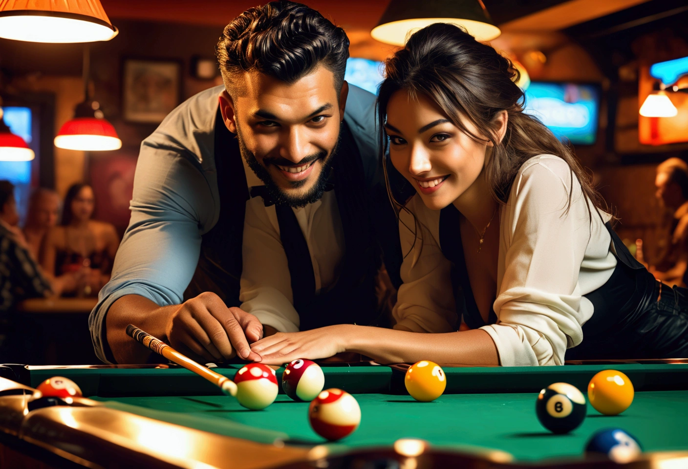 Closeup of a happy couple shooting pool at a local bar. Canon 5d Mark 4, Kodak Ektar, 35mm. Fine art photography, iconic, dynamic angle, dynamic pose, macro, photograph, sharp, focussed, Lomography Color 100, F/14, World-renowned, (designed by Olivier Valsecchi:1.2), beautiful detailed supreme quality color intricate, extremely stylish, deep aesthetic, sharp focus, magnificent, dynamic dramatic composition