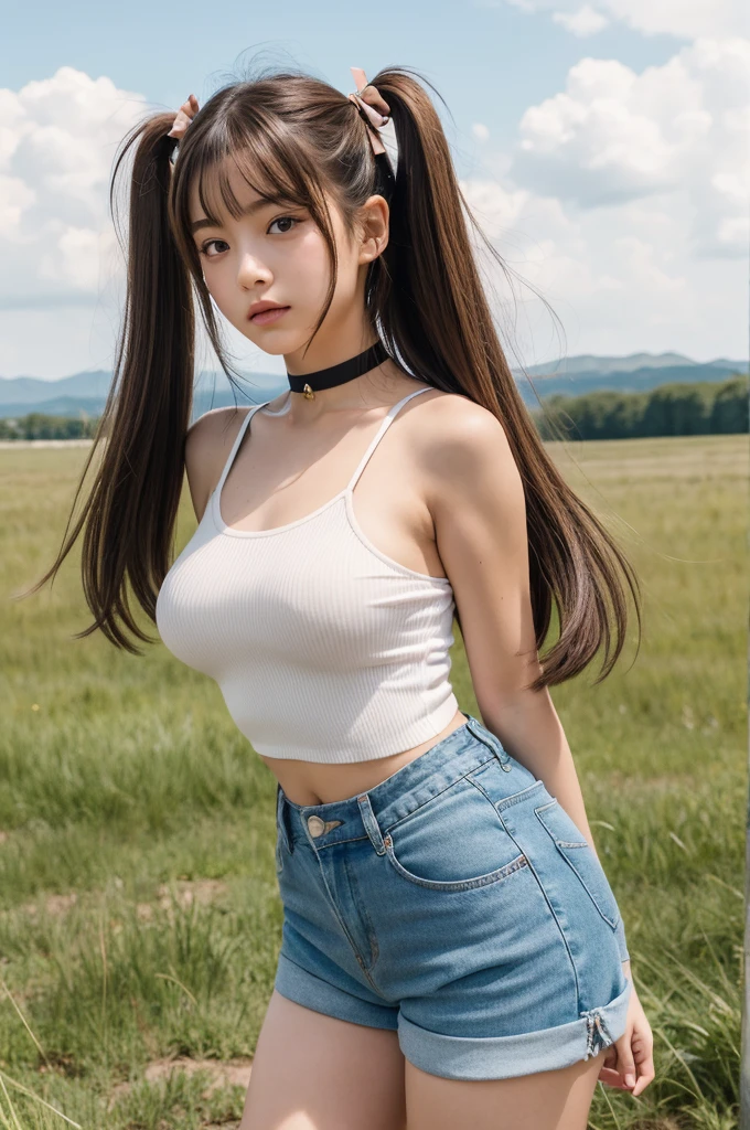 perfect photo, (masterpiece), best quality, expressive eyes, perfect face, Perfect hands, High resolution, high image quality, realistic skin texture, Realistic, Japanese, Girl, , Light Brown hair, bangs, Twin tails, Hair Ribbon, brown eyes, big eyes, small face, peaceful, Heart Choker, camisole, Low-rise shorts, Thigh Highs, Standing, Rural Scenery, Hair blowing in the wind, nfsw