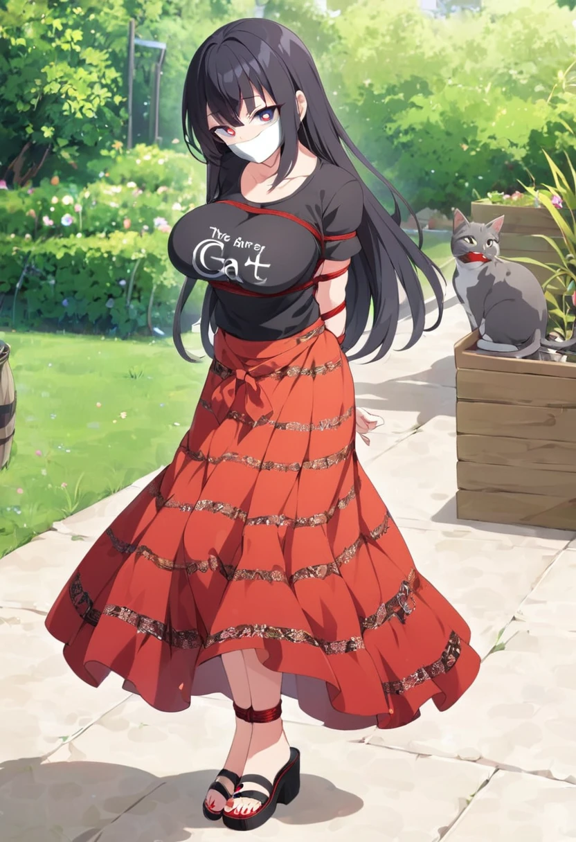 score_9, score_8_up, source_anime, 1girl, solo,The photo shows a young person standing outdoors,  They are smiling and wearing a black t-shirt with a design featuring a cat and text, paired with a patterned red sarong or long skirt and sandals. The background appears to be a garden or a green outdoor area..(bound wirsts), (arms behind back), (tapegag, tape gag), dramatic,  (looking at viewer), (detailed pupils:1.3), ,red rope, thick rope,normal breast,full body ,long hair,black hair,