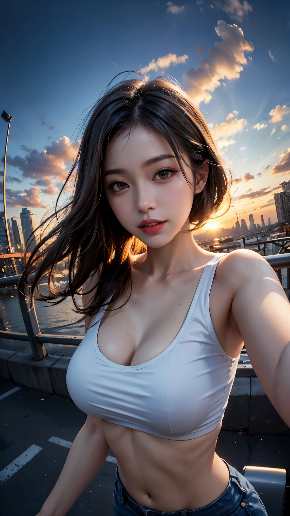 xxmixgirl,One Girl, Fisheye Lens, Selfie, Wind, Messy Hair, sunset, Cityscape, (Aesthetics and atmosphere:1.2), Gray Hair,smile, Film Girl, Short top shirt, Open your chest wide, 