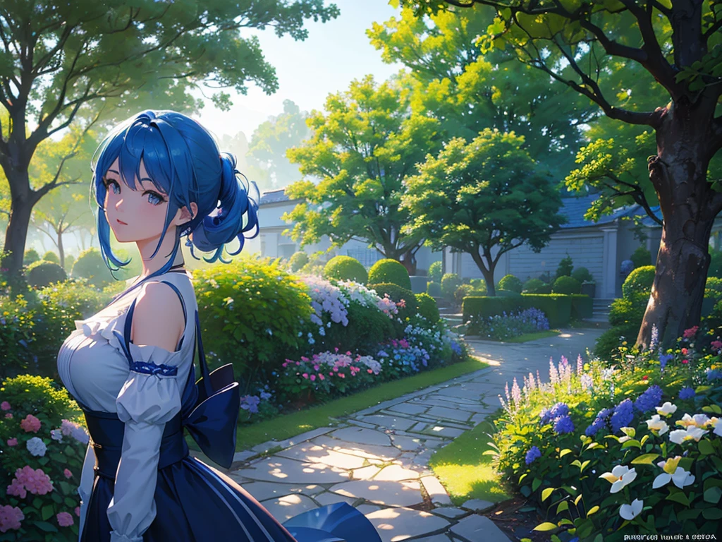 anime, Style, a blue haired girl walking on a garden ,(best quality, 4k, 8k, high resolution, obra-prima: 1.2), ultra-detailed, (realista, fotorealista, foto-realista: 1.37) colorido com vibrantes cores, soft lighting