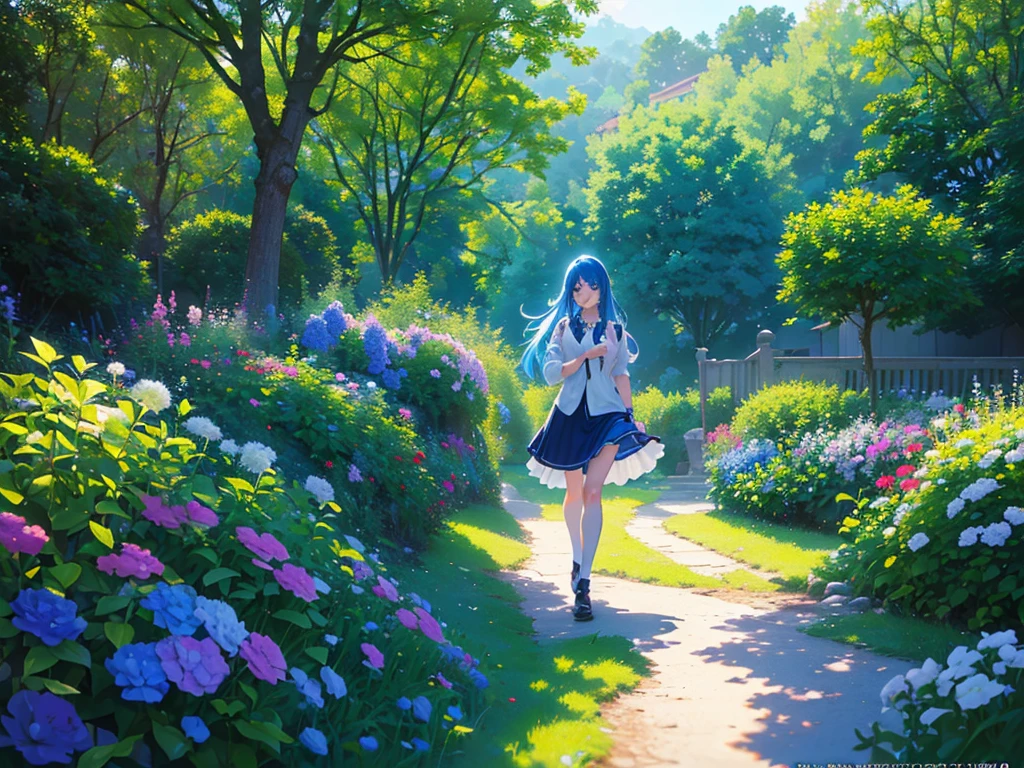 anime, Style, a blue haired girl walking on a garden ,(best quality, 4k, 8k, high resolution, obra-prima: 1.2), ultra-detailed, (realista, fotorealista, foto-realista: 1.37) colorido com vibrantes cores, soft lighting