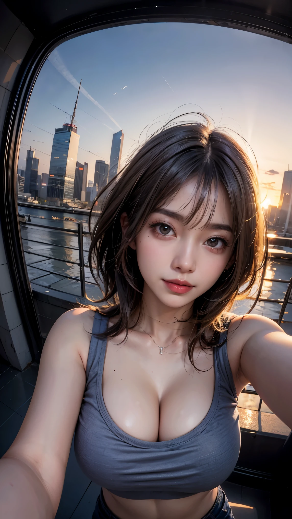 xxmixgirl,One Girl, Fisheye Lens, Selfie, Wind, Messy Hair, sunset, Cityscape, (Aesthetics and atmosphere:1.2), Gray Hair,smile, Film Girl, Short top shirt, Open your ????? wide, 