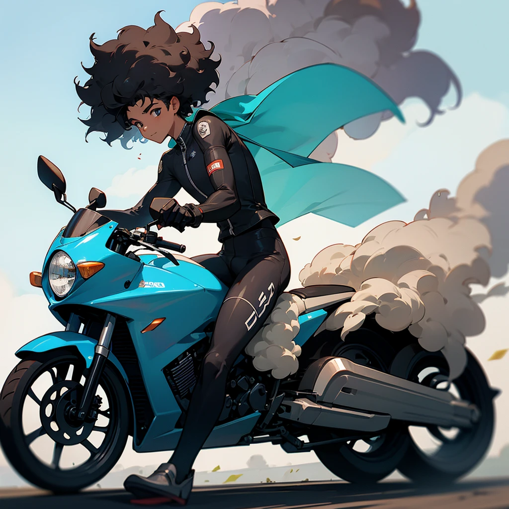 Side progile of a young man with afro hair riding motor cycle. 