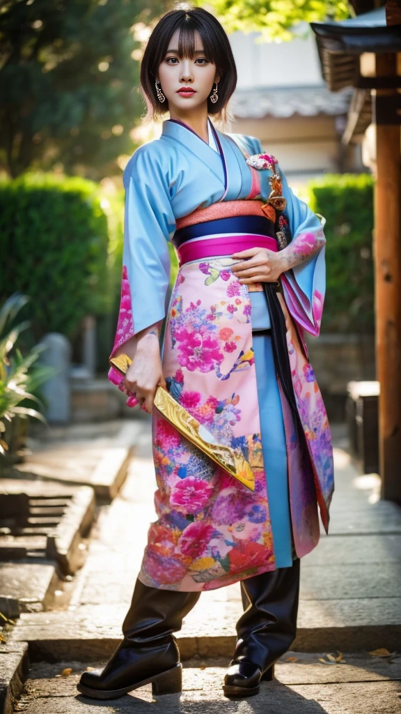 Beautiful Chinese woman, (16 years old), cute face, red lips, white moist skin, moles, under-eye bags,
BREAK,
Feminine body with high athletic ability, Body of a female fitness model, Feminine body with hard tones, (muscles: 1.2), (beautiful belly button),
BREAK,
Fighter, Kung Fu fighter, Idol,
BREAK,
(Wearing cute kimono: 1.3), (Kimono with high exposure: 1.3), (Red long boots 1.3), Necklace, Very large earrings, Short length,
BREAK,
Short hair, (Short bob hair), (Bangs: 1.2), (Pink hair: 1.3), (Wavy hair),
BREAK,
(Very large Japanese sword: 1.4), (Holding the handle of a Japanese sword in hand: 1.3), (Raising a very large Japanese sword: 1.2), (Getting into a fighting stance),
BREAK,
(Japanese tattoo: 1.4),
BREAK,
Masterpiece, Perfect lighting, Ultra high resolution, 8K, (Highly detailed:1.4), (Front view), Looking at camera, Melancholic expression,
BREAK,
(Tokyo city, lots of people in background), Japanese city background,