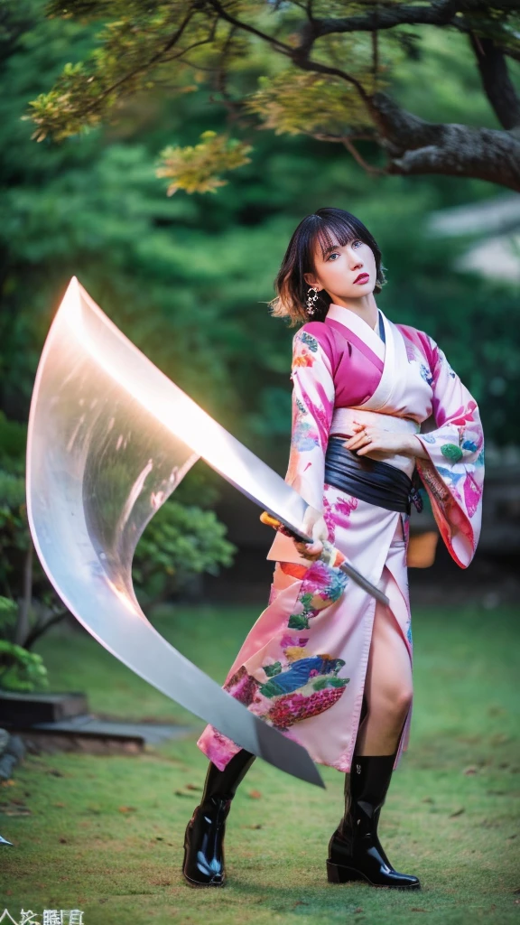 Beautiful Chinese woman, (), cute face, red lips, white moist skin, moles, under-eye bags,
BREAK,
Feminine body with high athletic ability, Body of a female fitness model, Feminine body with hard tones, (muscles: 1.2), (beautiful belly button),
BREAK,
Fighter, Kung Fu fighter, Idol,
BREAK,
(Wearing cute kimono: 1.3), (Kimono with high exposure: 1.3), (Red long boots 1.3), Necklace, Very large earrings, Short length,
BREAK,
Short hair, (Short bob hair), (Bangs: 1.2), (Pink hair: 1.3), (Wavy hair),
BREAK,
(Very large Japanese sword: 1.4), (Holding the handle of a Japanese sword in hand: 1.3), (Raising a very large Japanese sword: 1.2), (Getting into a fighting stance),
BREAK,
(Japanese tattoo: 1.4),
BREAK,
Masterpiece, Perfect lighting, Ultra high resolution, 8K, (Highly detailed:1.4), (Front view), Looking at camera, Melancholic expression,
BREAK,
(Tokyo city, lots of people in background), Japanese city background,
