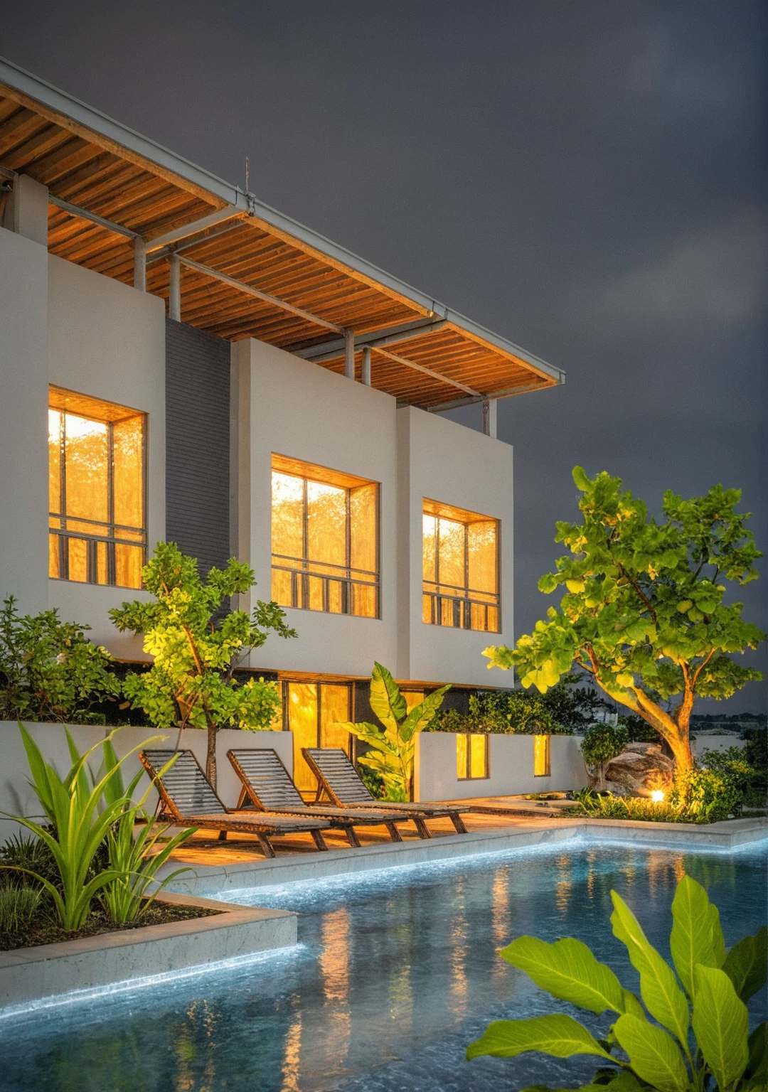 Boss of'ouvrages d'art, high quality, best quality, authentique, Great detail, En plein air, plain-piedVilla XL, groupe, style de maison moderne dans la rue ,stairs, white wall ,road,pavement, grass, trees, sky, clouds, on poolside (day light:1.1)