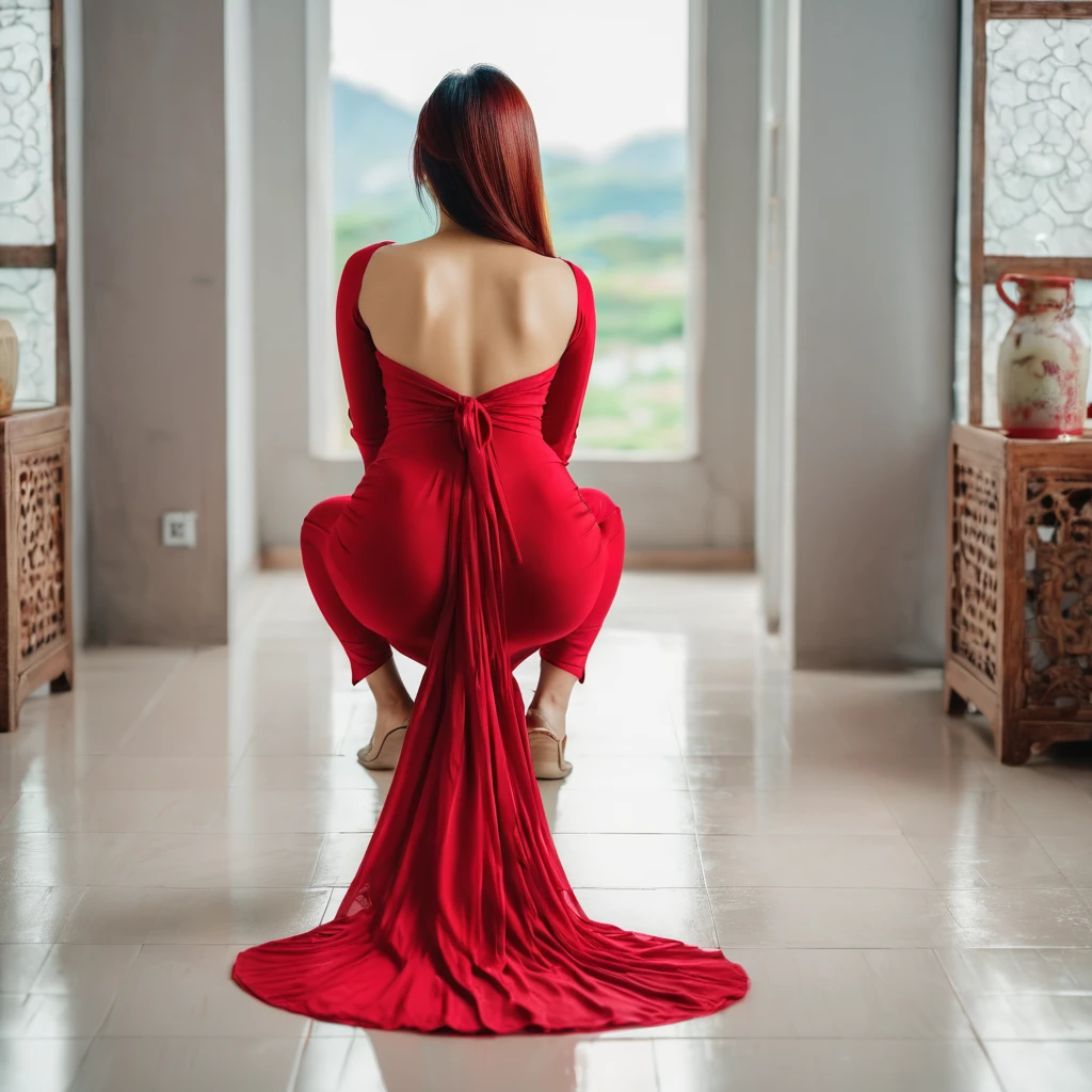 Rear view shot of a young asian woman squatting in a maxi dress, bodycon dress, red dress , beautiful hair