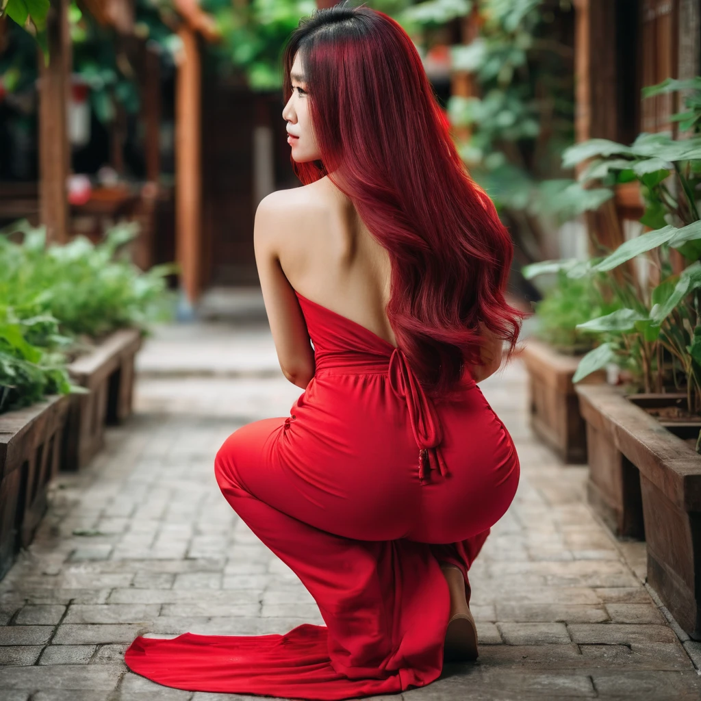 Rear view shot of a young asian woman squatting in a maxi dress, bodycon dress, red dress , beautiful hair