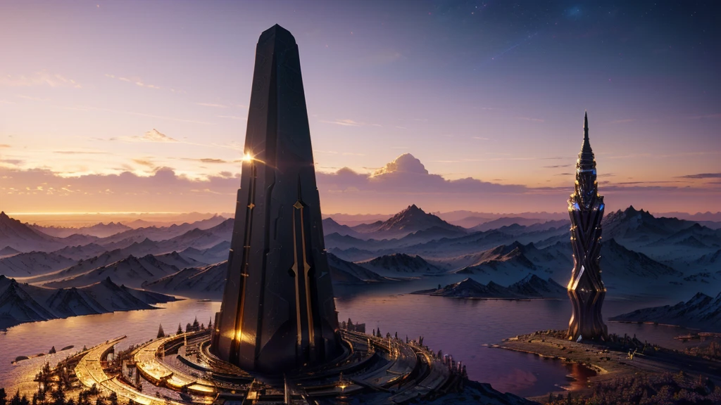 masterpiece, best quality, (extremely detailed CG unity 8k wallpaper), (best quality), (best illustration), (best shadow), absurdres, realistic lighting, (Abyss), beautiful detailed glow, art by PeterMohrBacher, gold and purple, obelisk at sunset, (gold), (golden obelisk)