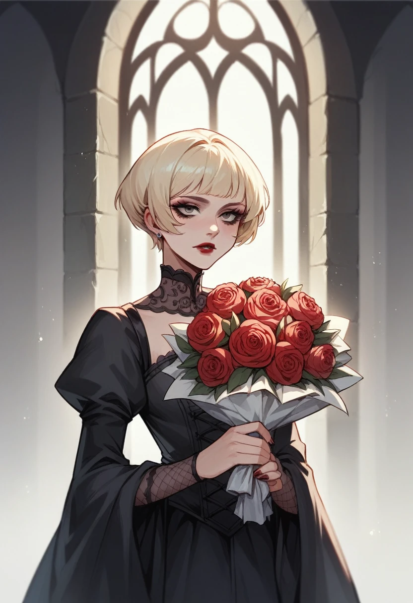 Young blonde woman,gothic,short white hair,Eyes red,red lipgloss stick, wearing a black wedding outfit,holding a bouquet of flowers,dark Castle