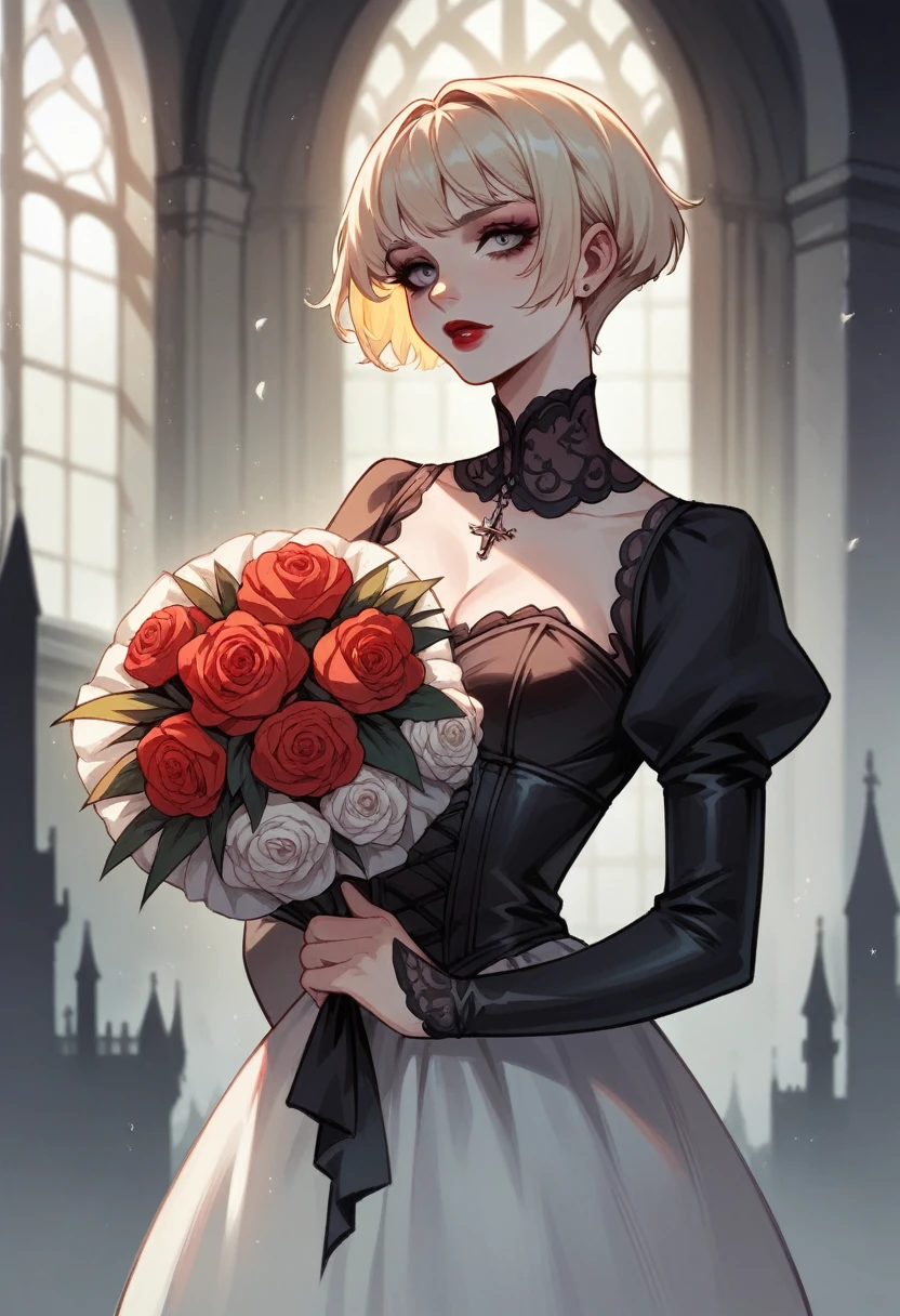 Young blonde woman,gothic,short white hair,Eyes red,red lipgloss stick, wearing a black wedding outfit,holding a bouquet of flowers,dark Castle