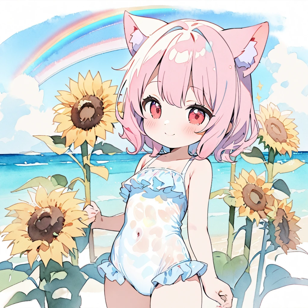 Top quality, masterpiece, high resolution, pastel colors, watercolor style, chibi character, pink hair, animal ear girl, red eyes, sleeping sideways on a large sunflower, smile, transparent ruffled leotard swimsuit with sunflower pattern, beautiful rainbow, blue sky, clouds, sea,ひまわりの横で眠る