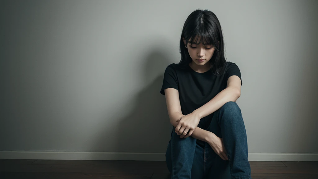 One Woman、solo、Alone in a dark room、Sitting with knees hugged、25-year-old woman、Black T-shirt、jeans、4K、（（Masterpiece））、（Delicate）