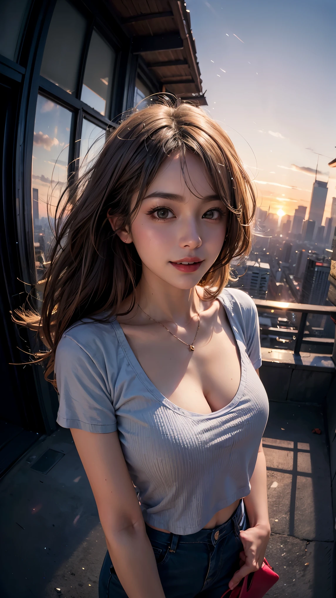 xxmixgirl,One Girl, Fisheye Lens, Selfie, Wind, Messy Hair, sunset, Cityscape, (Aesthetics and atmosphere:1.2), Gray Hair,smile, Film Girl, Short top shirt, Open your  wide, 