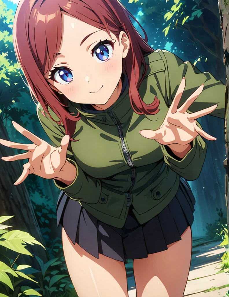 (anime artwork, anime style, studio anime, very detailed, up to date, vibrant, Anime Coloring, high contrast, masterpiece:1.2, best quality, best aesthetics),2 girl,hug from behind,army suit, pleated skirt, Medium chest, A glimpse of thighs,random hair, One eye is hidden by the bangs, perfect proportions, high detail skin, Cute, detailed faces,forest, precise fingers,panty shot ,roll over,supine pose
