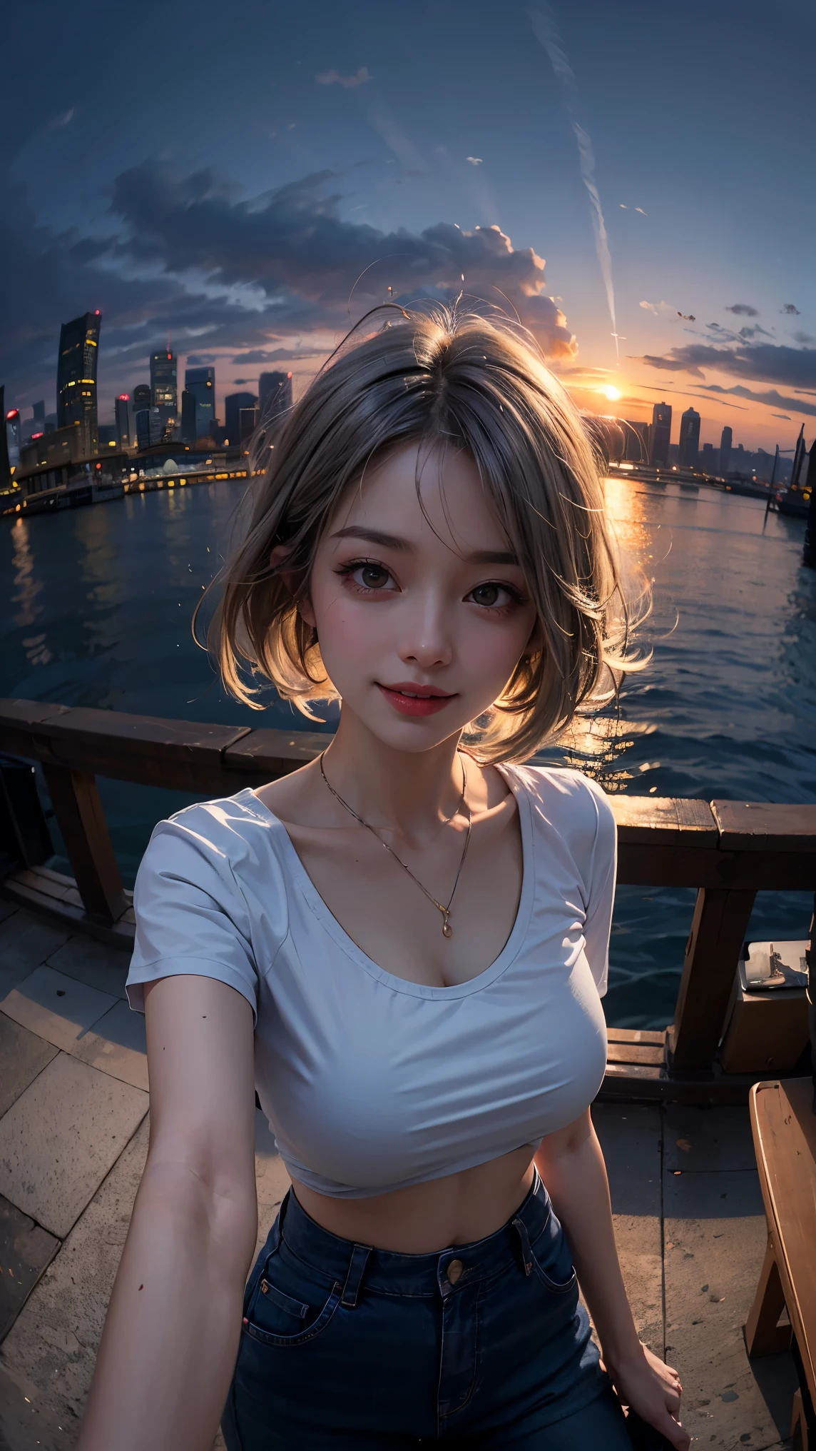 xxmixgirl,One Girl, Fisheye Lens, Selfie, Wind, Messy Hair, sunset, Cityscape, (Aesthetics and atmosphere:1.2), Gray Hair,smile, Film Girl, Short top shirt, Open your chest wide,