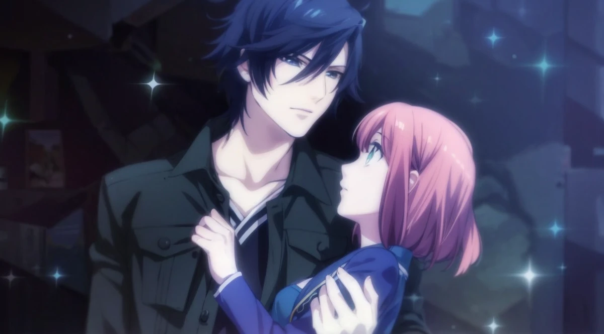 make the person tokiya ichinose, and have him hold the girl who has long brown hair, no bangs and green eyes
