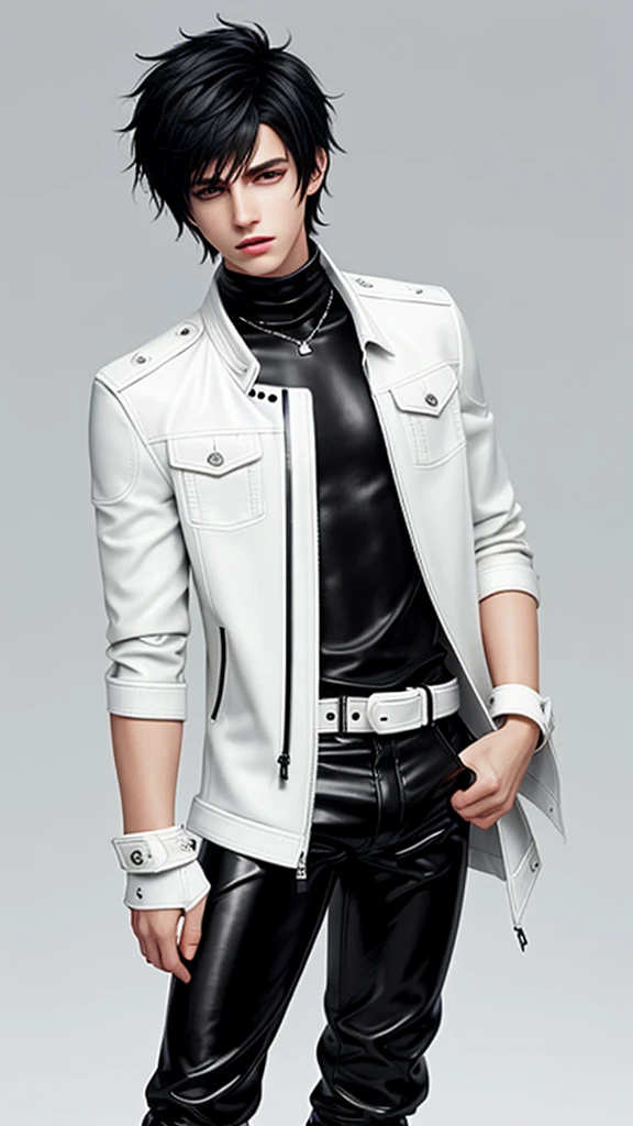 Final fantasy taste and reality graphics, Japanese young cute and cool ikemen boy, his age is early 20s, thin eyebrows and beady eyes, he wearing off white color leather thick material jacket, jacket is singlebrest, biker style jacket, with epaulet, jacket is long sleeve, must close the front of the leather jacket, , voluminous leather jacket, ,must jacket is high length and stand-up collar with two belts, jacket is a little black color line pattern,close the front of the jacket, also wearing black thick material turtleneck lackluster shirts, tight black leather pants, black leather tight and thin glove, black leather knee-high raceup boots,must views head-to-toe,must views whole body, boy looks like fashion model,Do not show skin from the neck down,leather jacket leather glove and leather pants have few wrinkles,boy in the prison room, Avoid showing your innerwear,zip up jacket fastner.
Boy touching owns private parts with right hand.
Bous face is expression of ecstasy.
Boy is black hair.