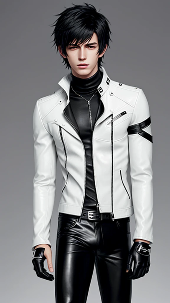 Final fantasy taste and reality graphics, Japanese young cute and cool ikemen  boy, his age is early 20s, thin eyebrows and beady eyes,  he wearing off white color leather  thick material jacket, jacket is singlebrest, biker style jacket, with epaulet, jacket is long sleeve, must close the front of the leather jacket, , voluminous leather jacket, ,must jacket is high length and stand-up collar with two belts, jacket is a little black color line pattern,close the front of the jacket, also wearing black thick material turtleneck lackluster shirts,  tight black leather pants,  black leather tight and thin glove, black leather knee-high raceup boots,must views  head-to-toe,must views whole body, boy looks like fashion model,Do not show skin from the neck down,leather jacket leather glove and leather pants have few wrinkles,boy in the prison room, Avoid showing your innerwear,zip up jacket fastner.
Boy touching owns private parts with right hand.
Bous face is expression of ecstasy.
Boy is black hair.
