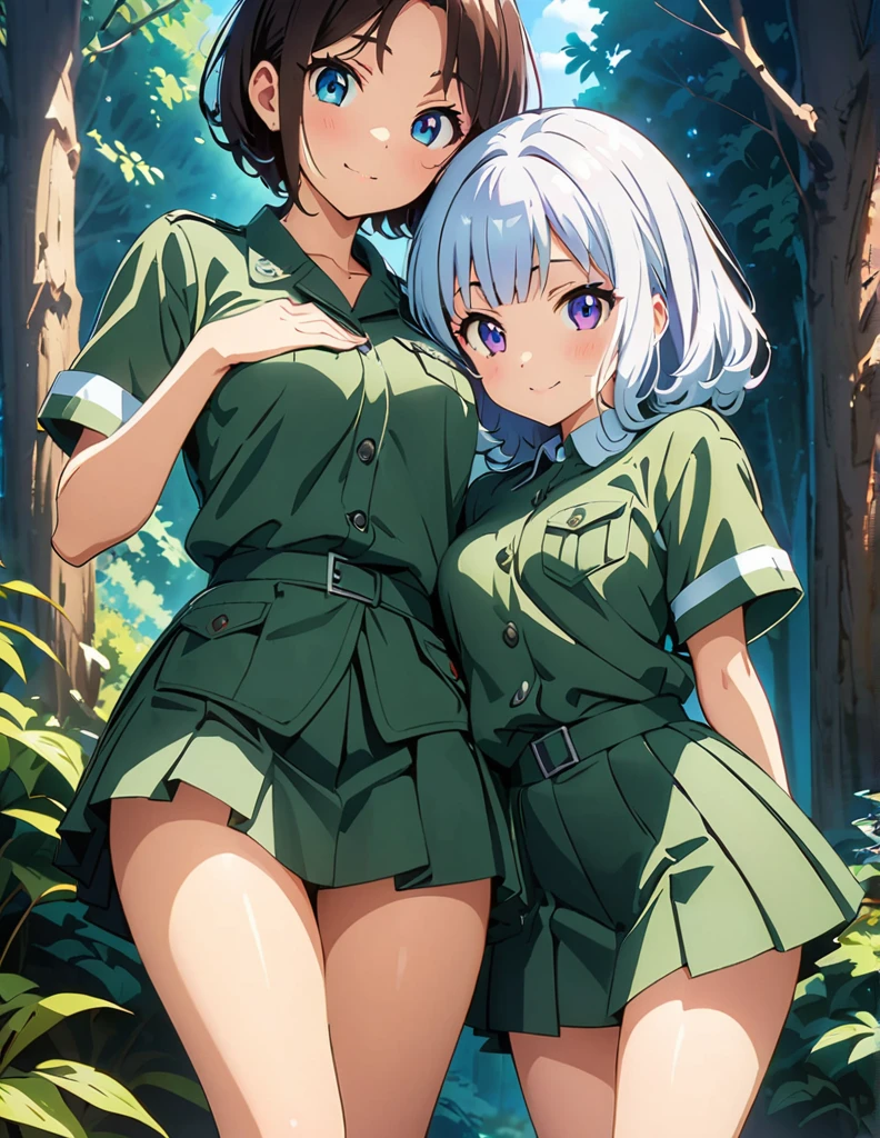 (anime artwork, anime style, studio anime, very detailed, up to date, vibrant, Anime Coloring, high contrast, masterpiece:1.2, best quality, best aesthetics),2 girl,hug from behind,army suit, pleated skirt, Medium chest, A glimpse of thighs,random hair, One eye is hidden by the bangs, perfect proportions, high detail skin, Cute, detailed faces,forest, precise fingers,panty shot ,roll over,supine pose